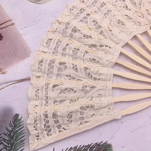 Vista 3 de Ventilador de mano plegable, abanico de encaje para mujer, elegante abanico de algodón hecho a mano, abanicos retro vintage con varillas de bambú