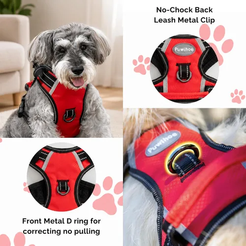 Vista 4 de Arnés antitirones para perro pequeño con 2 hebillas de liberación rápida y mango de fácil control, chaleco suave reflectante sin estrangulamiento