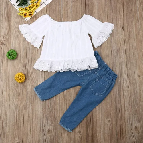 Vista 4 de Conjunto de vestir para bebé y niña, con camiseta sin mangas y pantalón corto vaquero desgarrado, conjunto de vestir de falda o pantalón corto
