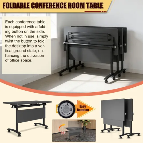 Vista 3 de Mesas plegables para sala de conferencias, mesa de entrenamiento móvil abatible con ruedas giratorias de 360°, mesa de conferencias moderna