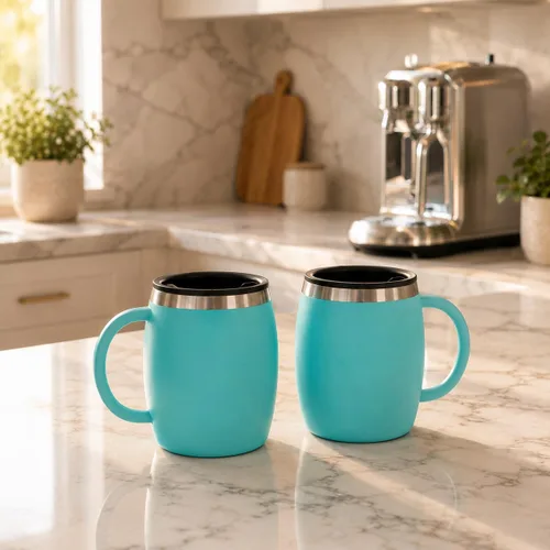 Vista 6 de Juego de 2 tazas de café aisladas de acero inoxidable (14 onzas) de doble pared con tapa y asa resistentes a derrames, tazas inastillables para Azul