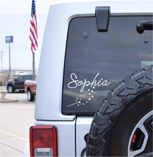 Vista 2 de Pegatina de polvo de hadas con varita y nombre personalizado, linda y divertida calcomanía de coche para camión, todoterreno, 4 x 4, senderos
