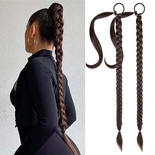 Vista 12 de Extensión de cola de caballo de trenza larga con lazo elástico, 1 unidad, extensiones de cabello sintético lacio y elegante envolvente para mujer