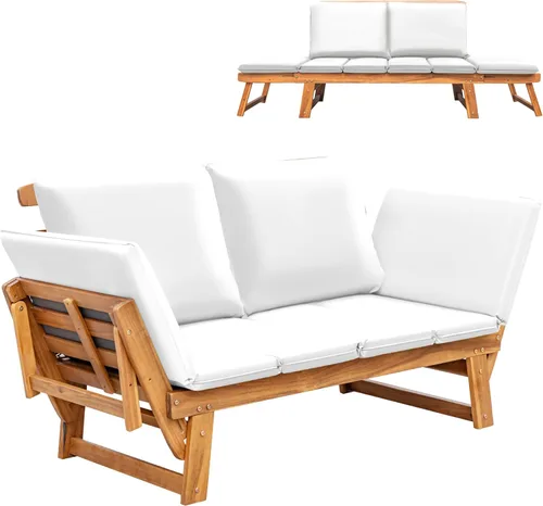 Vista 10 de Greesum - Sofá cama convertible para patio con reposabrazos ajustables, cama de día de madera de acacia para exteriores con cojín y almohada, banco