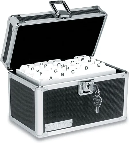 Vista 14 de Vaultz VZ01169 Archivador con candado para tarjetas de índice con tapa abatible - Capacidad para 350 tarjetas de 7,6 x 12,7 cm, color negro