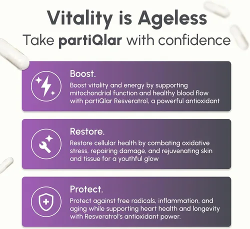 Vista 2 de partiQlar Trans-Resveratrol 500mg - Suplemento de resveratrol de alta pureza para antienvejecimiento, salud cardíaca y energía celular, potente