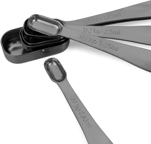 Vista 3 de Juego de 6 cucharas medidoras de acero inoxidable 18/8 precisas, resistente con buen mango, con conector de anillo, color gris oscuro