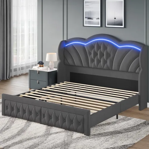 Vista 9 de Keyluv - Base de cama Queen con luces LED y 2 cajones de almacenamiento, plataforma tapizada en terciopelo con cabecera de 47" de altura