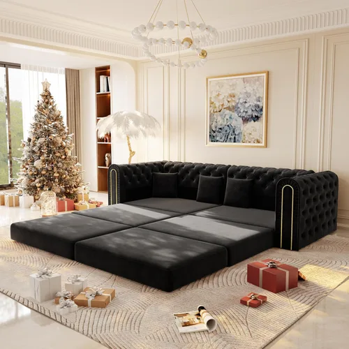 Vista 14 de Eafurn Sofá de dos plazas Chesterfield de gran tamaño 3 en 1, sofá cama convertible extraíble tamaño King con otomana movible y ribete de cabeza