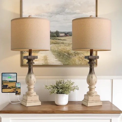 Vista 10 de BOBOMOMO Juego de 2 lámparas de mesa estilo granja de 27 pulgadas con USB A+C para dormitorio, sala de estar, lámparas vintage rústicas