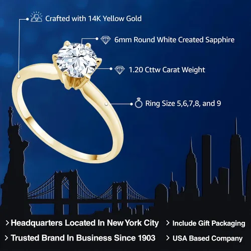 Vista 33 de Anillo de compromiso solitario con piedra preciosa redonda de oro amarillo de 14 quilates de 0.236 in para mujer Ajuste clásico de 6 puntas