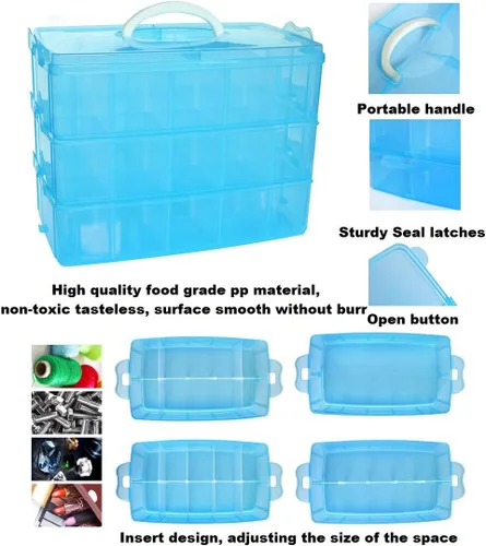 Vista 2 de DJUNXYAN 3 niveles 30 secciones transparentes apilables con compartimento ajustable, ranura de plástico para manualidades, caja de almacenamiento