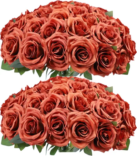 Vista 24 de Flores artificiales de rosa, rosas artificiales, rosas de seda, rosas falsas de aspecto real con tallos para manualidades, ramos de boda, centros