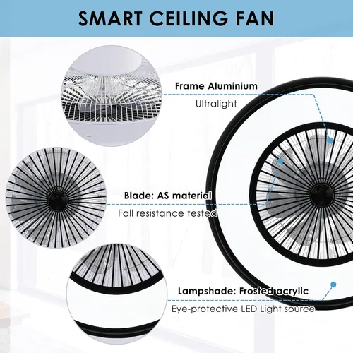Vista 5 de Ventilador de techo sin aspas de 24" con luz RGB y control remoto, ventiladores de techo LED inteligentes con control por voz/aplicación, ventilador