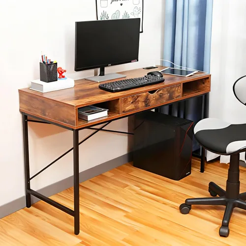 Vista 7 de JJS Escritorio de 48 pies con toma de corriente, escritorio grande contemporáneo para oficina en casa, estación de trabajo para computadora portátil