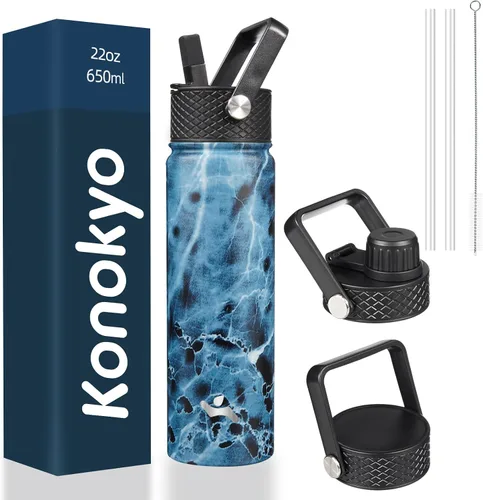 Vista 134 de Konokyo - Botella de agua aislada de 18 onzas, botellas deportivas de acero inoxidable con 3 tapas, verde militar