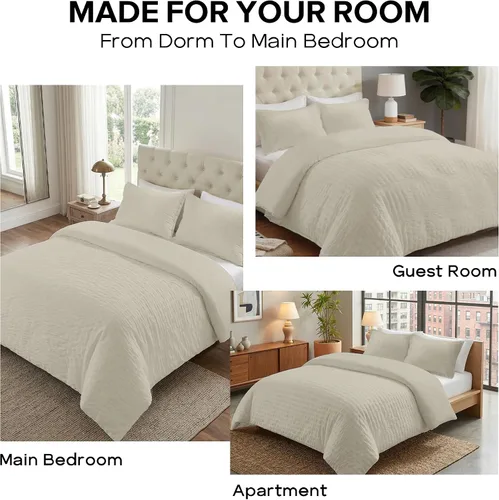 Vista 7 de Cozyide Beige Queen Duvet Cover Set, 3 Pieces Soft Seersucker Queen Size Duvet Cover with Zipper Closure and Corner Ties, 90"x90" Duvet Cover with 2