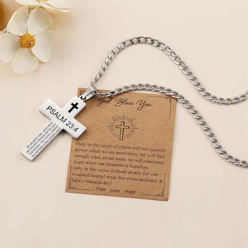 Vista 4 de SKQIR Collar de cruz para hombres con versículo de la Biblia, escritura religiosa cristiana para la primera comunión, colgante de cruz para niños
