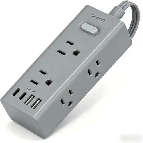 Vista 11 de Cable de extensión de 1 pie con múltiples tomas, regleta de alimentación de enchufe plano con cable de 1 pie, 6 tomas de corriente, 4 puertos USB