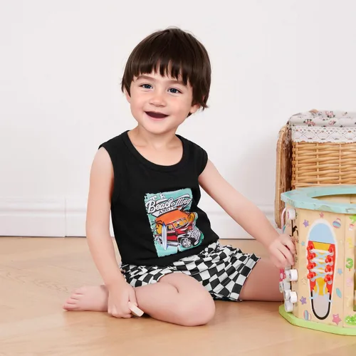 Vista 12 de Ropa de bebé niño sin mangas + pantalones cortos con estampado a rayas con bolsillos, 2 piezas de trajes de verano