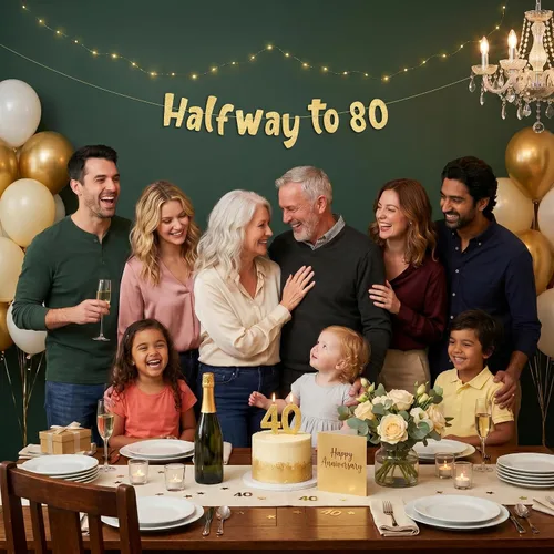 Vista 7 de Cartel con purpurina dorada preencordada de medio camino a 80, decoraciones de 40 cumpleaños y aniversario para hombres y mujeres, suministros