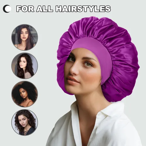 Vista 4 de 2 piezas de gorros de satén extra grandes para dormir de 17 pulgadas, gorro de seda jumbo para mujeres (negro y morado)