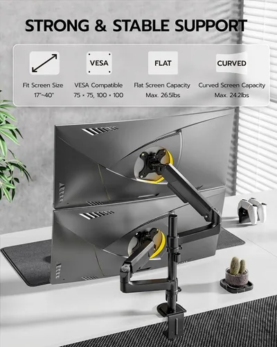 Vista 2 de ARES WING Soporte para Monitor Dual - Brazo de Monitor Ultraancho para Pantalla Curva de Servicio Pesado de 17 a 40 Pulgadas hasta 26.4 libras