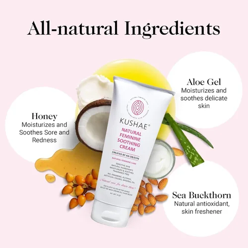 Vista 4 de Kushae Crema calmante femenina para después del afeitado, hecha por obstetra/ginecología, natural, sin fragancia, a base de aloe, hidratante íntimo