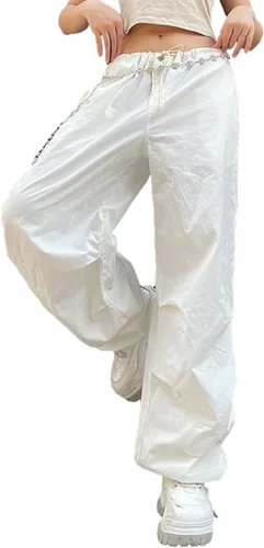 Vista 3 de UAURORAO Pantalones cargo sueltos de cintura baja para mujer, pantalones casuales holgados de pierna ancha con cordón, pantalones hippie jogger