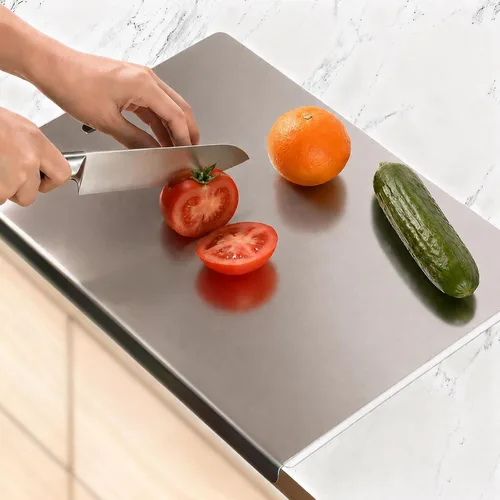 Vista 12 de Tablas de cortar grandes de acero inoxidable para cocina, tablas de cortar con alfombrilla antideslizante azul, tabla de cortar con borde