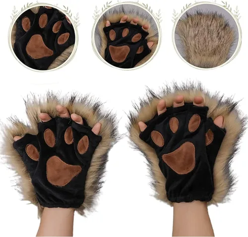 Vista 3 de HAOAN Guantes de pata de lobo de piel sintética para gatos, guantes sin dedos, para invierno, cálidos, cosplay, Halloween, fiesta de disfraces