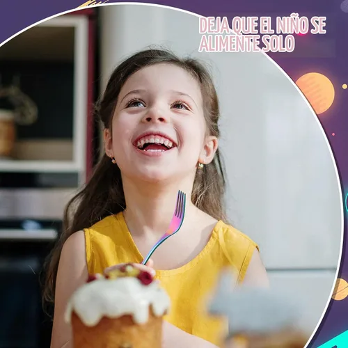 Vista 6 de Minatee Juego de cubiertos de 6 tenedores de arco iris para niños pequeños, cubiertos pequeños de grado alimenticio, cubiertos de acero inoxidable