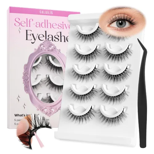 Vista 11 de CALAILIS Pestañas autoadhesivas, 5 pares de pestañas postizas a presión de aspecto natural, sin pegamento, reutilizables, pestañas postizas