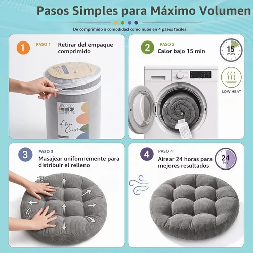 Vista 7 de Degrees of Comfort - Cojines redondos y grandes de pana y capitoné para el suelo, meditación y sala tatami, para adultos, gris, 22 pulgadas Redondo