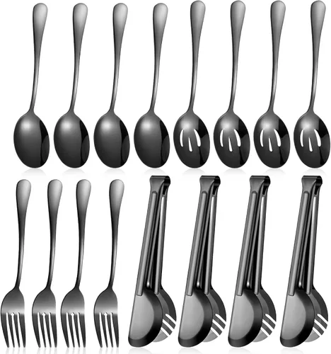 Vista 9 de Patelai Juego de 8 utensilios de acero inoxidable negro para servir, cucharas grandes de 8.7 pulgadas y cuchara ranurada, tenedores de 9.45