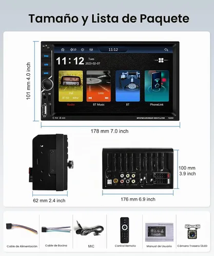 Vista 2 de Estéreo de coche doble DIN con CarPlay Android Auto, radio de pantalla táctil de 7 pulgadas, unidad principal universal de 2 DIN Bluetooth 5.0 FM
