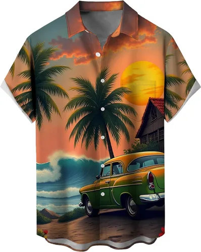 Vista 34 de Camisas tropicales con botones para hombre, camisas hawaianas de manga corta, casuales para vacaciones, camisas de playa holgadas Beige-playa escena