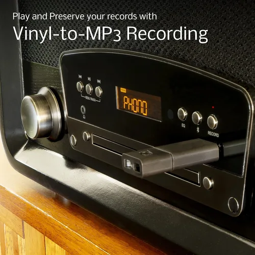 Vista 5 de Electrohome Kingston - Tocadiscos de vinilo vintage 7 en 1, tocadiscos de 3 velocidades, Bluetooth, radio AM/FM, CD auxiliar en RCA/salida de Nuez