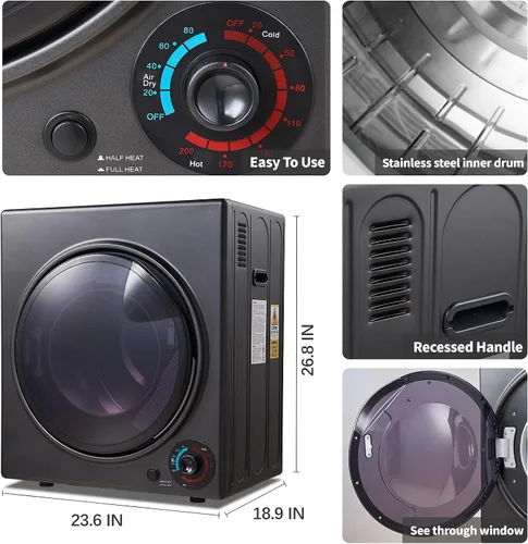 Vista 7 de CTT Secadora portátil de 3.5 pies cúbicos para apartamentos, secadora compacta de 1500 W con 4 modos de secado, secadores eléctricos de 120 V