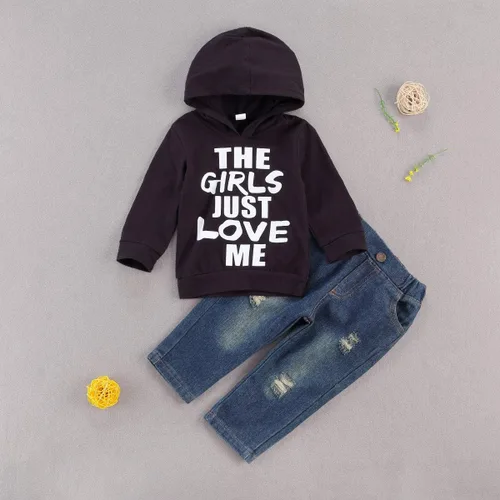 Vista 2 de fhutpw Conjuntos de ropa para bebé niño pequeño con sudaderas con capucha y jeans para otoño e invierno 6 9 12 18 24 meses A-Negro