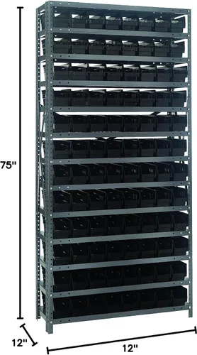 Vista 422 de Quantum QSBU-245BK Heavy Duty Shelving Unit with (7) Shelves and (24) QUS245 Black Bins for Garage Warehouse Storage Distribution 400 lb Load