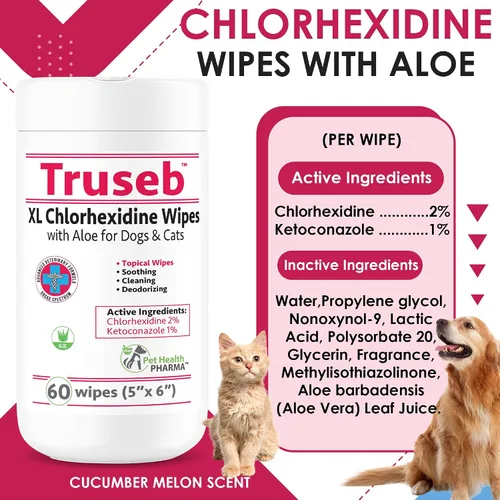 Vista 2 de Limpiador de oídos XL Chlorhexidianes Toallitas para limpieza de piel y pelaje para mascotas - con aloe para gatos y perros - 60 toallitas XL ES