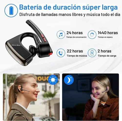 Vista 3 de New Bee Auricular Bluetooth V5.2 Auriculares Inalámbricos 24Hrs Talktime Negro