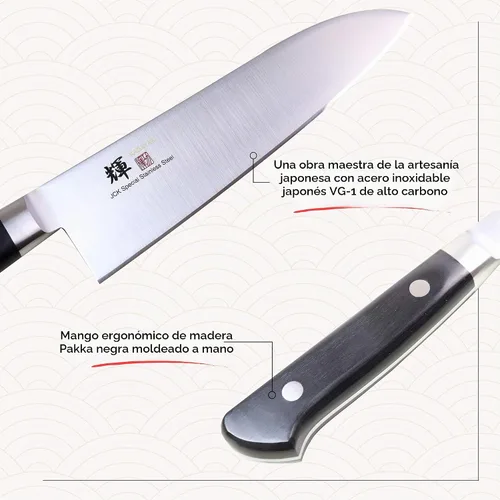 Vista 5 de Cuchillo Santoku japonés básico Kagayaki, 7.0 pulgadas (7.087 in) - Mono-acero VG-1, afilado de acero al carbono con facilidad inoxidable, fabricado