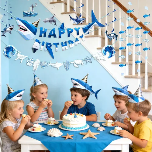 Vista 7 de Paper Jazz Decoración de tiburón oceánico, decoración de fiesta de tiburón ballena para pared, pancarta de cumpleaños bajo el mar con remolinos, Azul