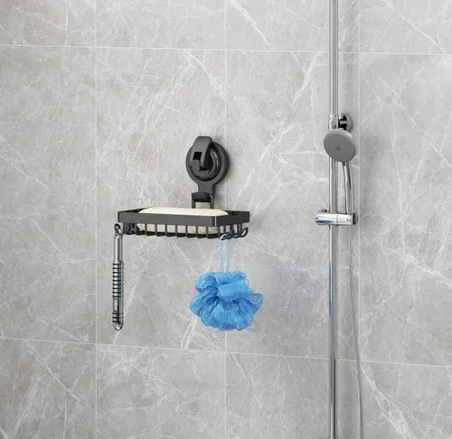 Vista 3 de Soporte de Jabón para Ducha, Jabonera con Ventosa para Ducha con 4 Ganchos, Acero Inoxidable 304, Negro