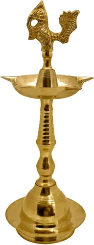 Vista 4 de SATVIK Juego de 2 piezas de 8.5 pulgadas de latón de pie con diseño de pavo real Kerala Samai Deepak Puja tradicional Panchmahal Pooja Deepam Diya