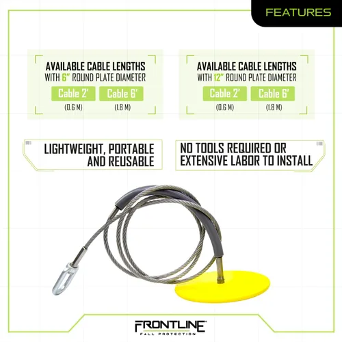 Vista 4 de Frontline Fall Protection DT602 Placa redonda de anclaje de 6 pulgadas con cable de 2 pies Cumple con OSHA y ANSI Punto de anclaje extraíble