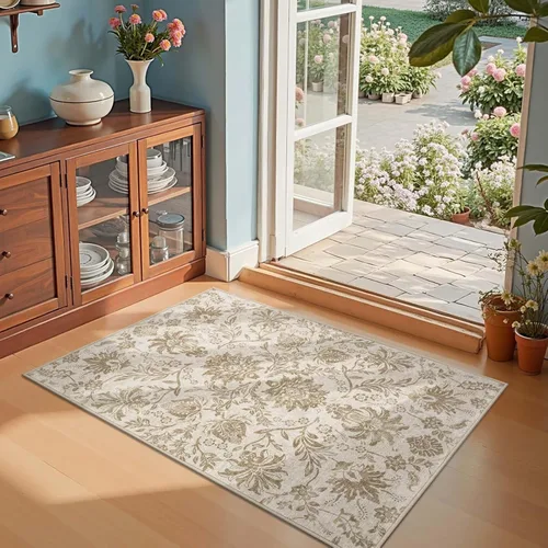 Vista 414 de jinchan Lima - Alfombra simétrica floral geométrica lavable, alfombra de entrada de medio círculo de 2 x 3, alfombra de media luna, suave y Azul