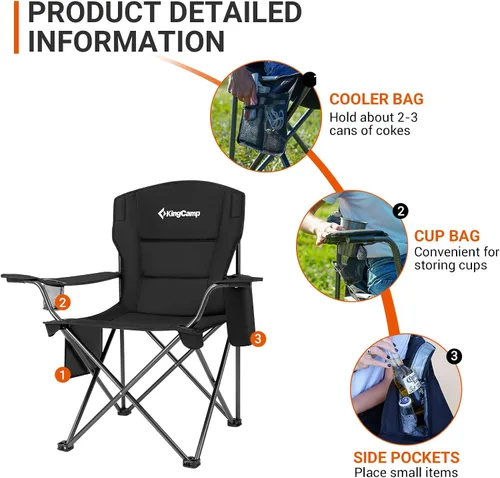 Vista 6 de KingCamp Sillones plegables portátiles acolchados para exteriores con portavasos integrado, funda térmica aislada y bolsillo de almacenamiento Negro